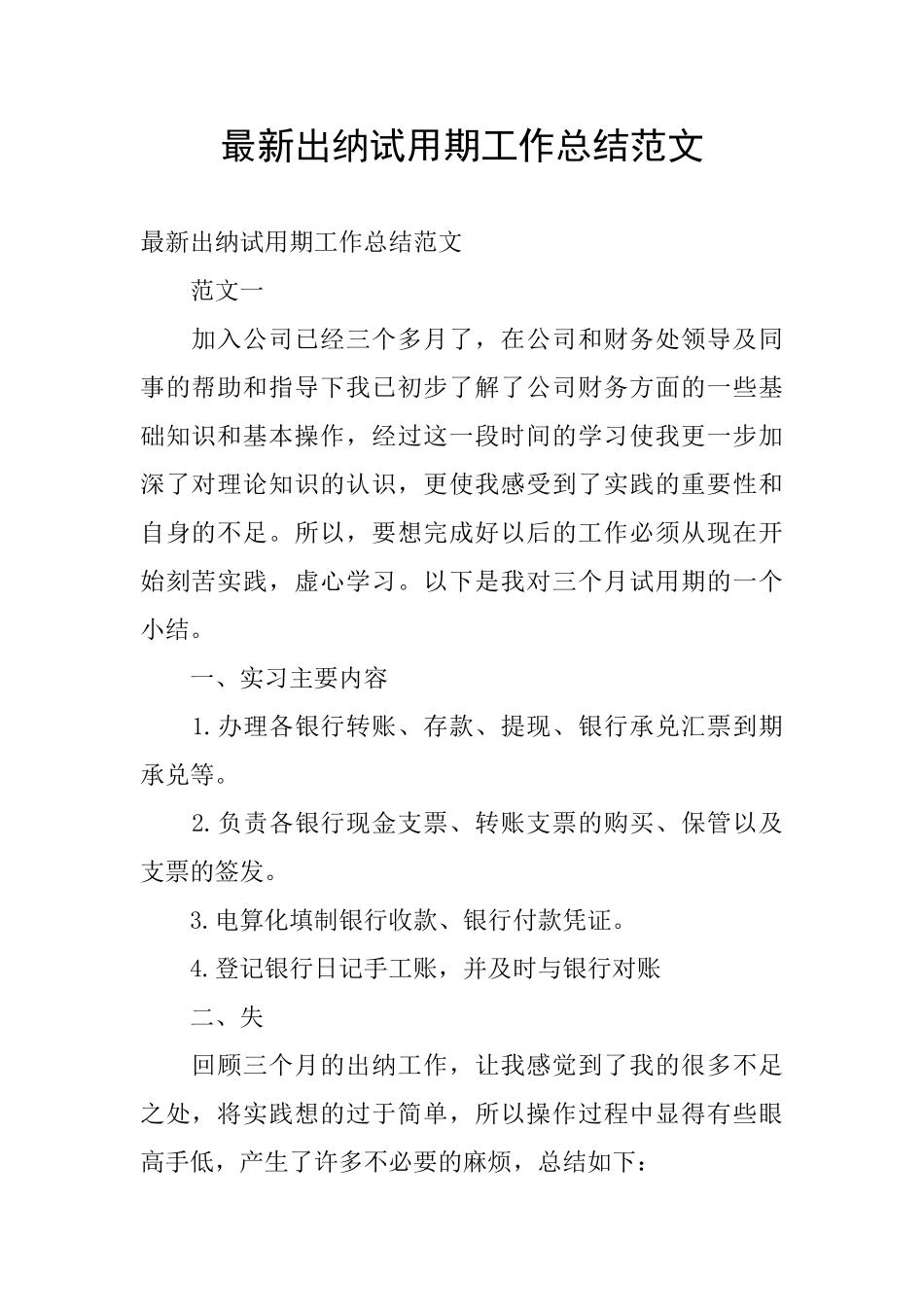 最新出纳试用期工作总结范文_第1页