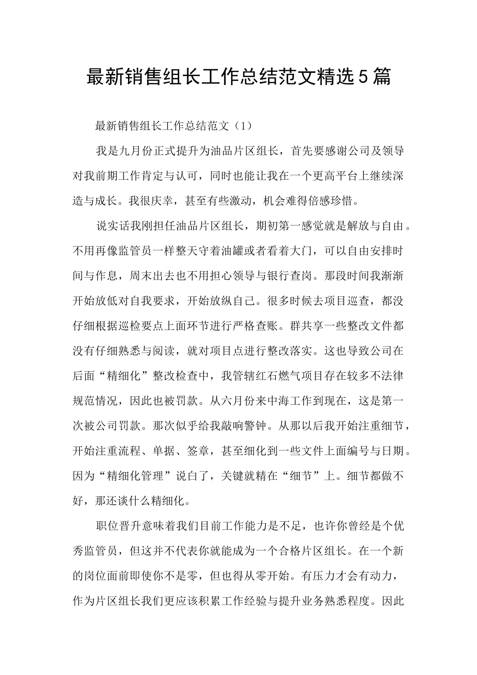 最新销售组长工作总结范文精选5篇_第1页