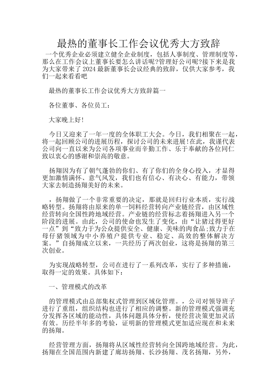 最热的董事长工作会议优秀大方致辞_第1页