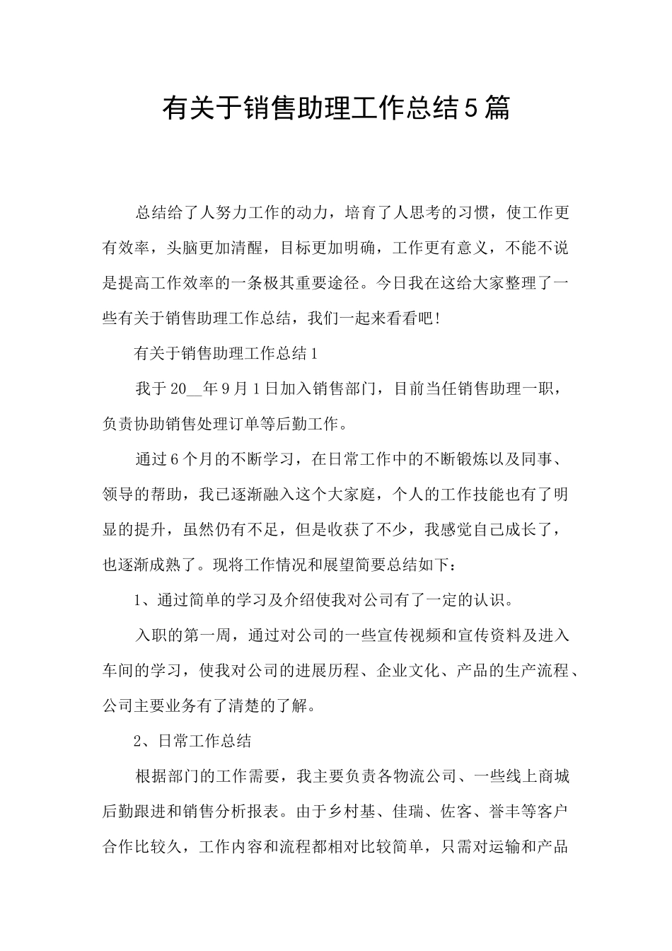 有关于销售助理工作总结5篇_第1页