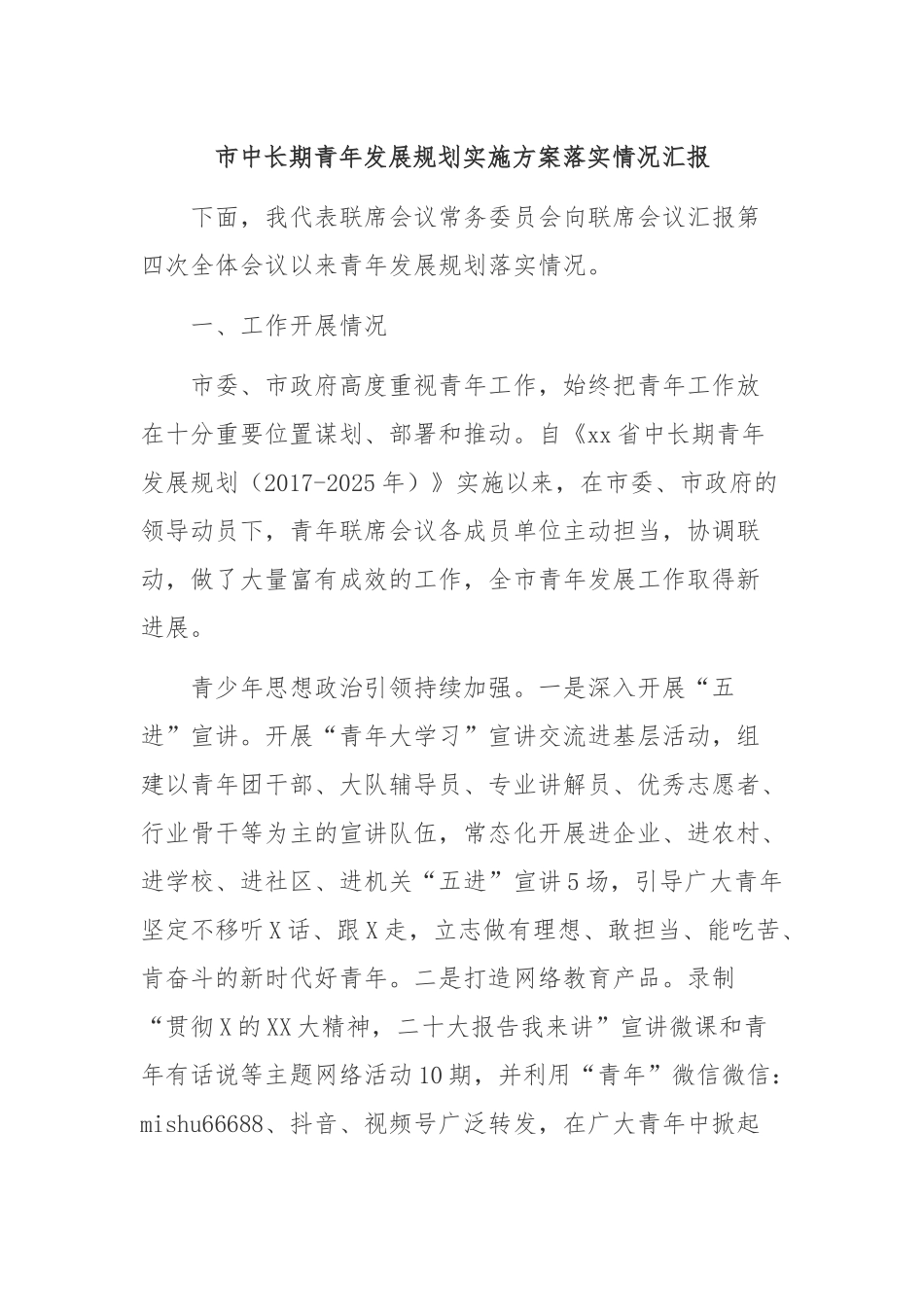市中长期青年发展规划实施方案落实情况汇报_第1页