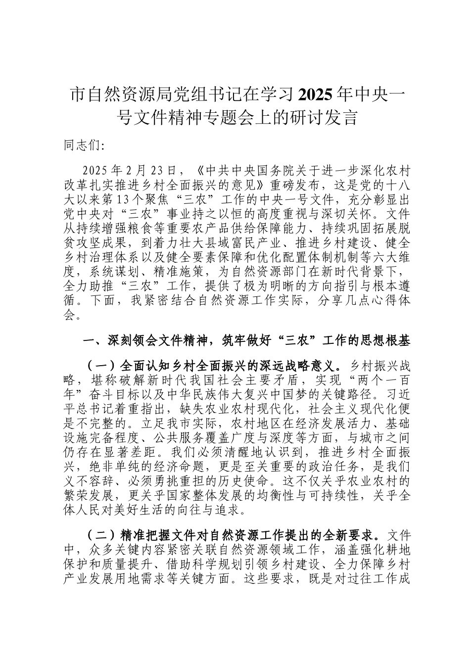 市自然资源局党组书记在学习2025年中央一号文件精神专题会上的研讨发言_第1页