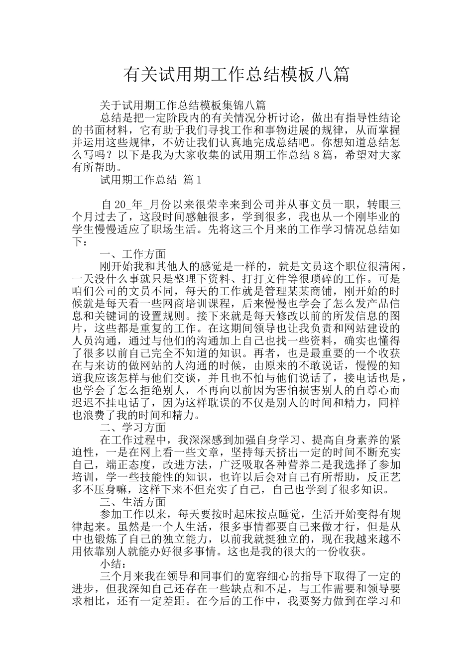 有关试用期工作总结模板八篇_第1页