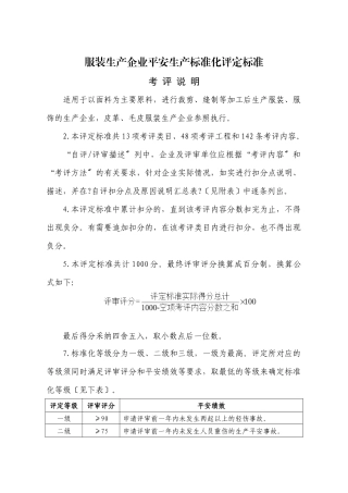 服装企业安全生产标准化基本规范评分表