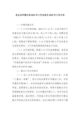 县生态环境分局2024年工作总结及2025年工作计划