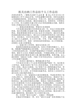 机关出纳工作总结个人工作总结