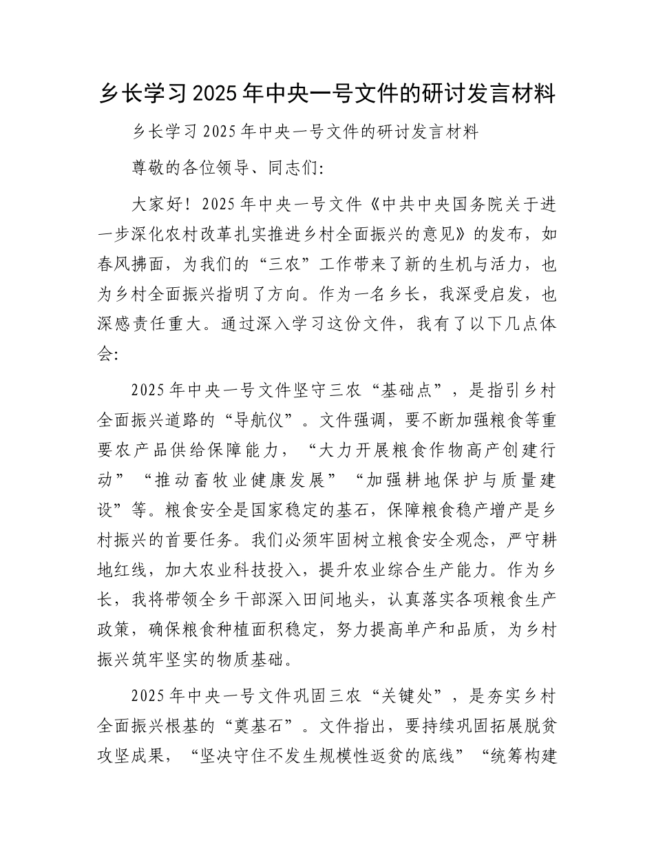 乡长学习2025年中央一号文件的研讨发言材料_第1页