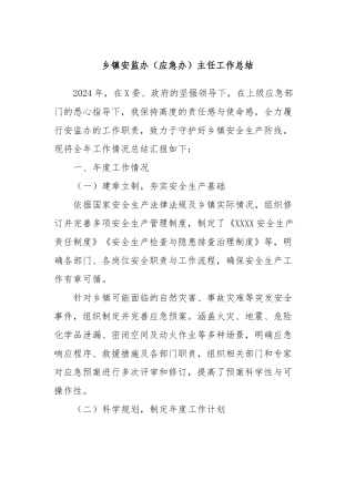 乡镇安监办（应急办）主任工作总结