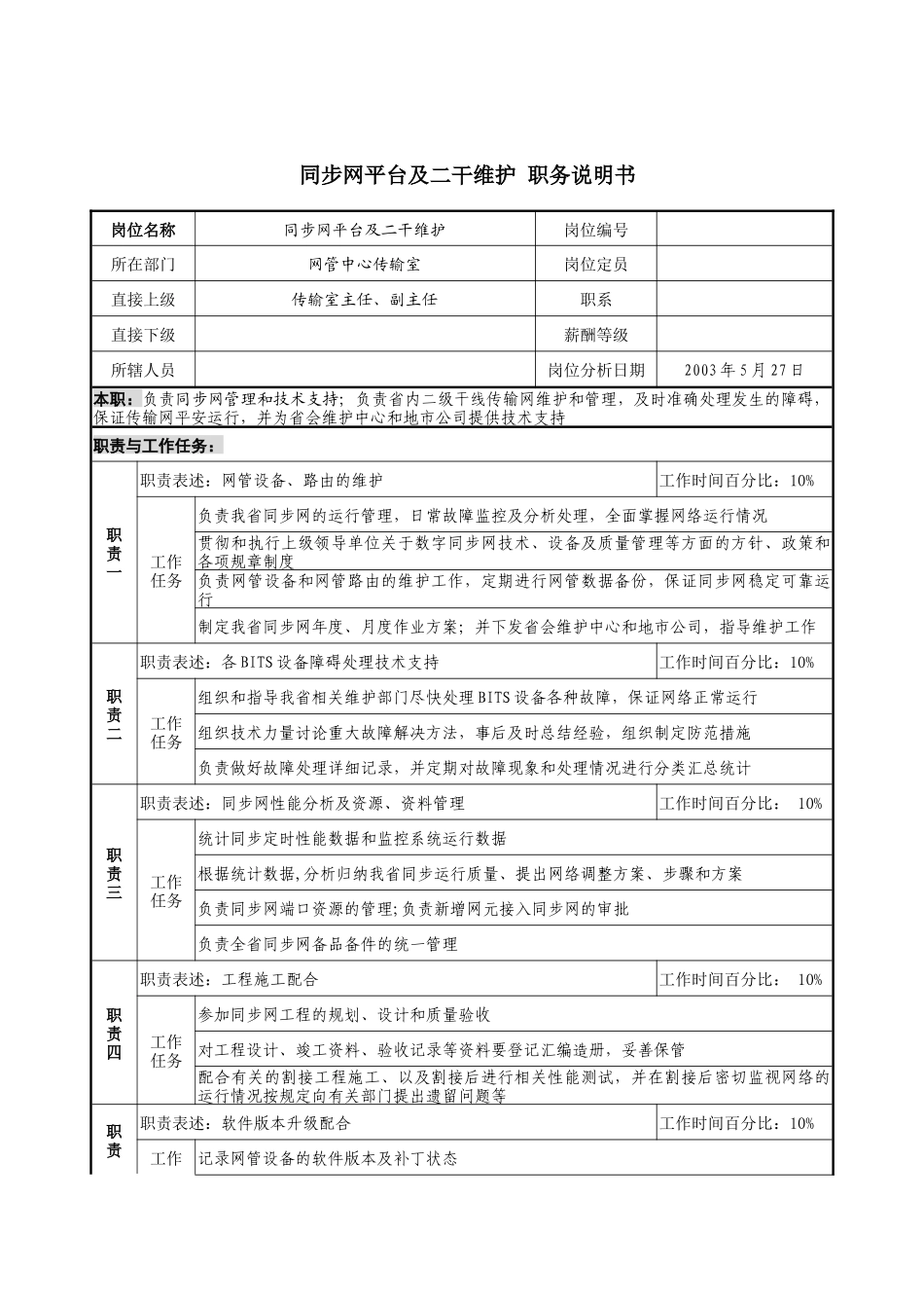 材料行业-网管中心传输室-同步网平台及二干维护岗位说明书_第1页