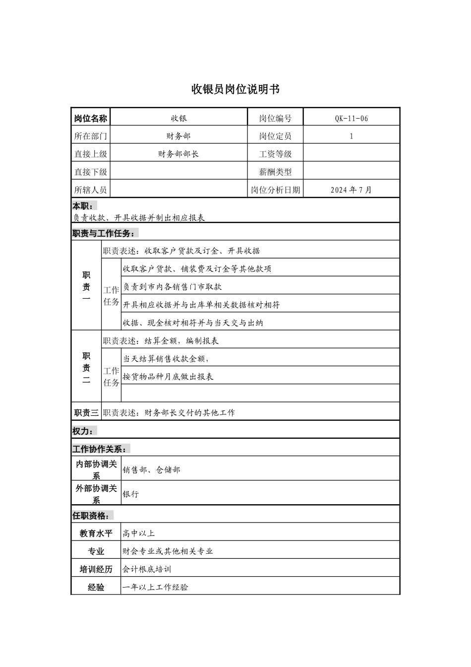材料行业-财务部-收银员岗位说明书_第1页