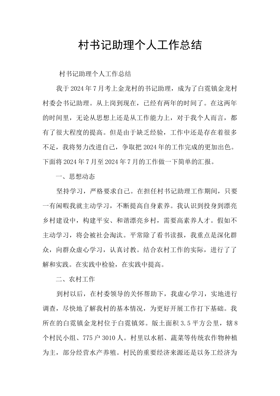 村书记助理个人工作总结_第1页