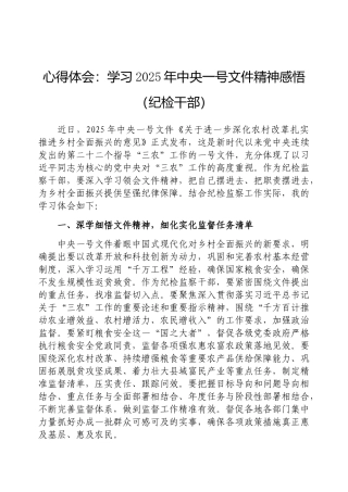 心得体会：学习2025年中央一号文件精神感悟（纪检干部）