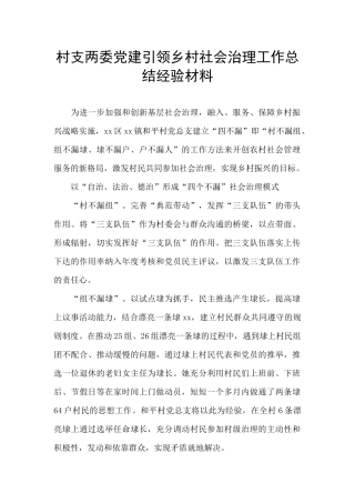 村支两委党建引领乡村社会治理工作总结经验材料