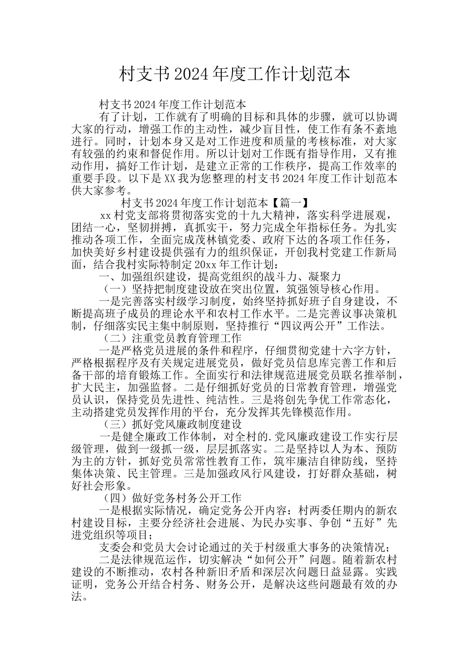 村支书2024年度工作计划范本_第1页
