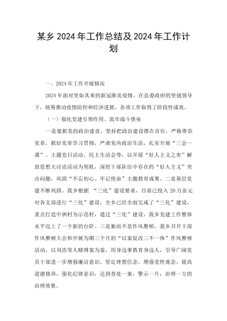 某乡2024年工作总结及2024年工作计划