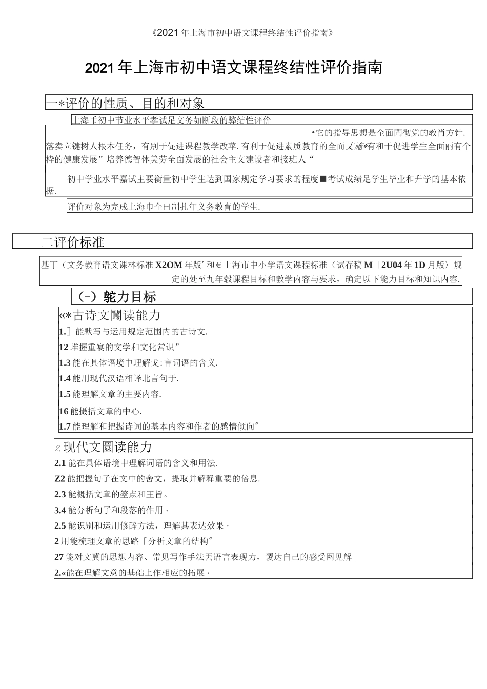 2021年上海市初中语文课程终结性评价指南_第1页