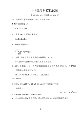 海南中考数学科模拟试题