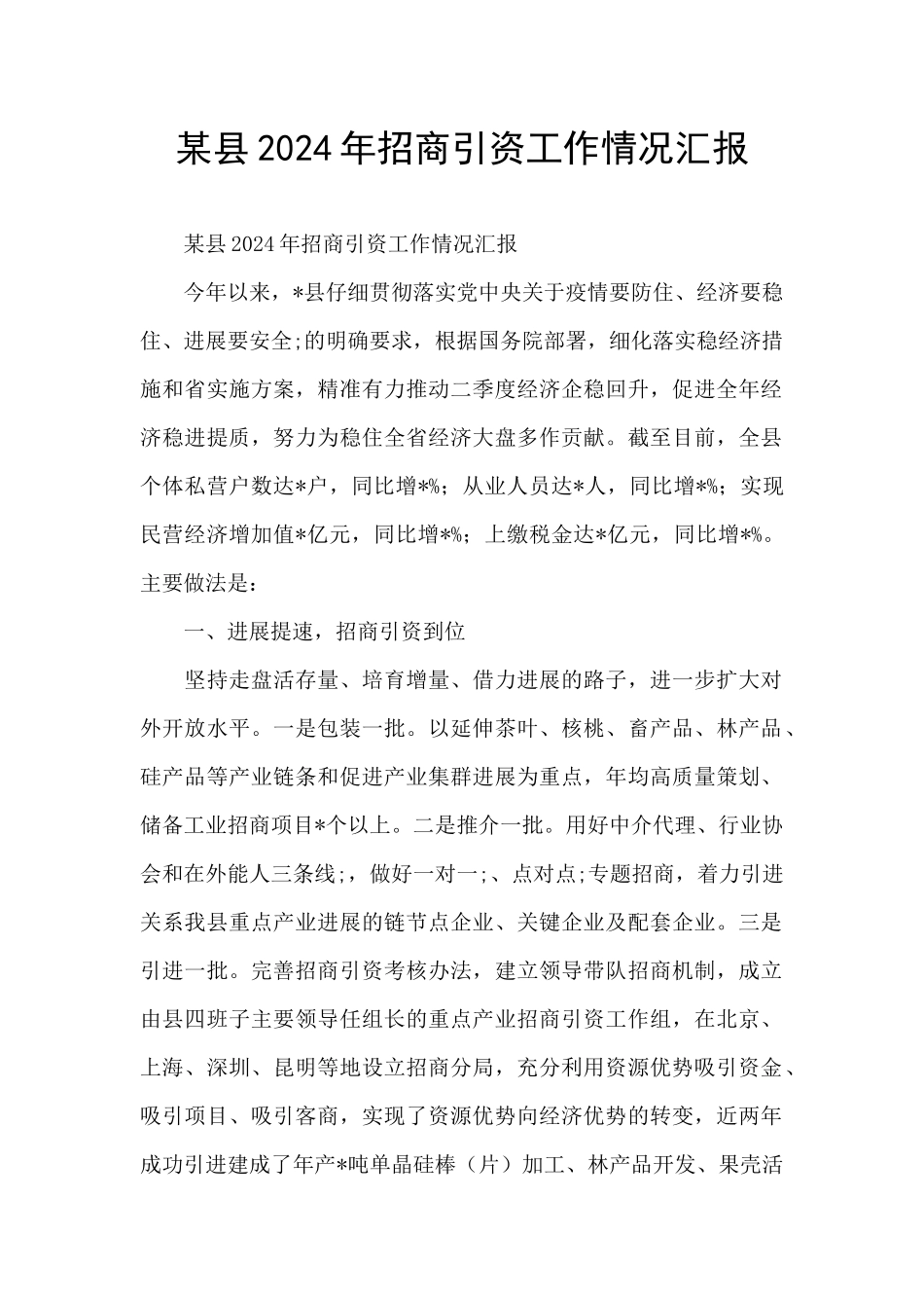 某县2024年招商引资工作情况汇报_第1页