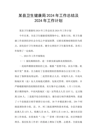 某县卫生健康局2024年工作总结及2024年工作计划