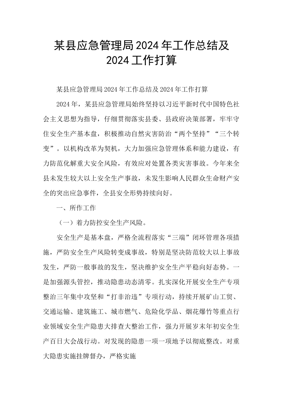 某县应急管理局2024年工作总结及2024工作打算_第1页