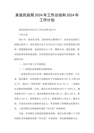 某县民政局2024年工作总结和2024年工作计划