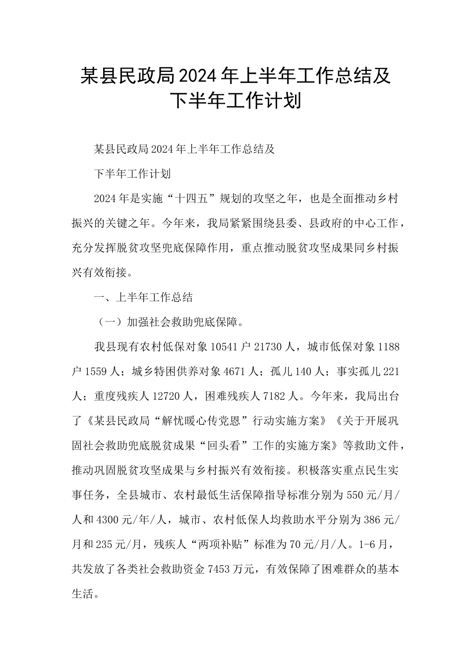 某县民政局2024年上半年工作总结及下半年工作计划_第1页