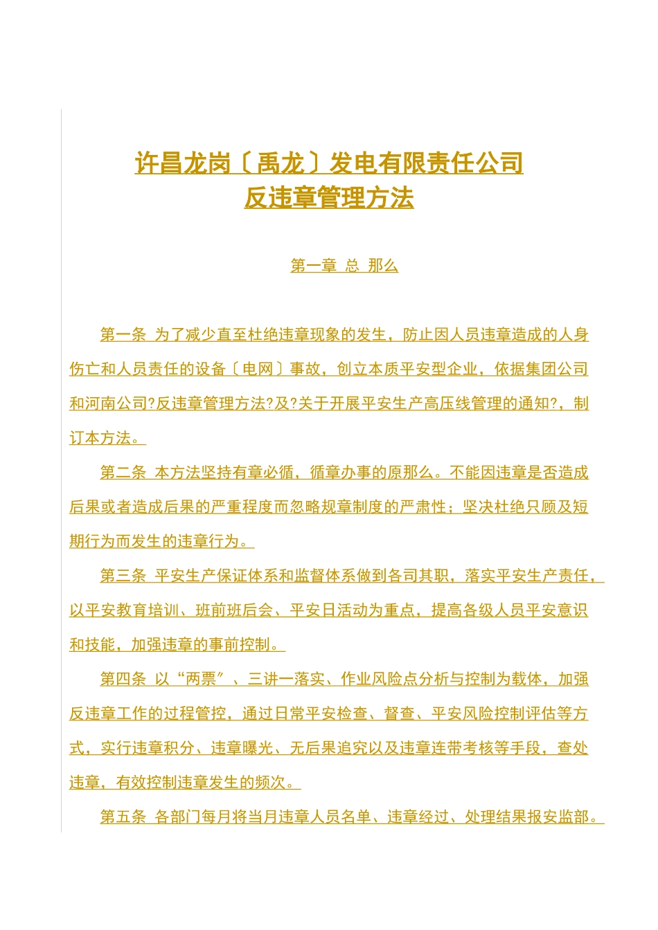 某发电有限责任公司反违章管理办法_第1页