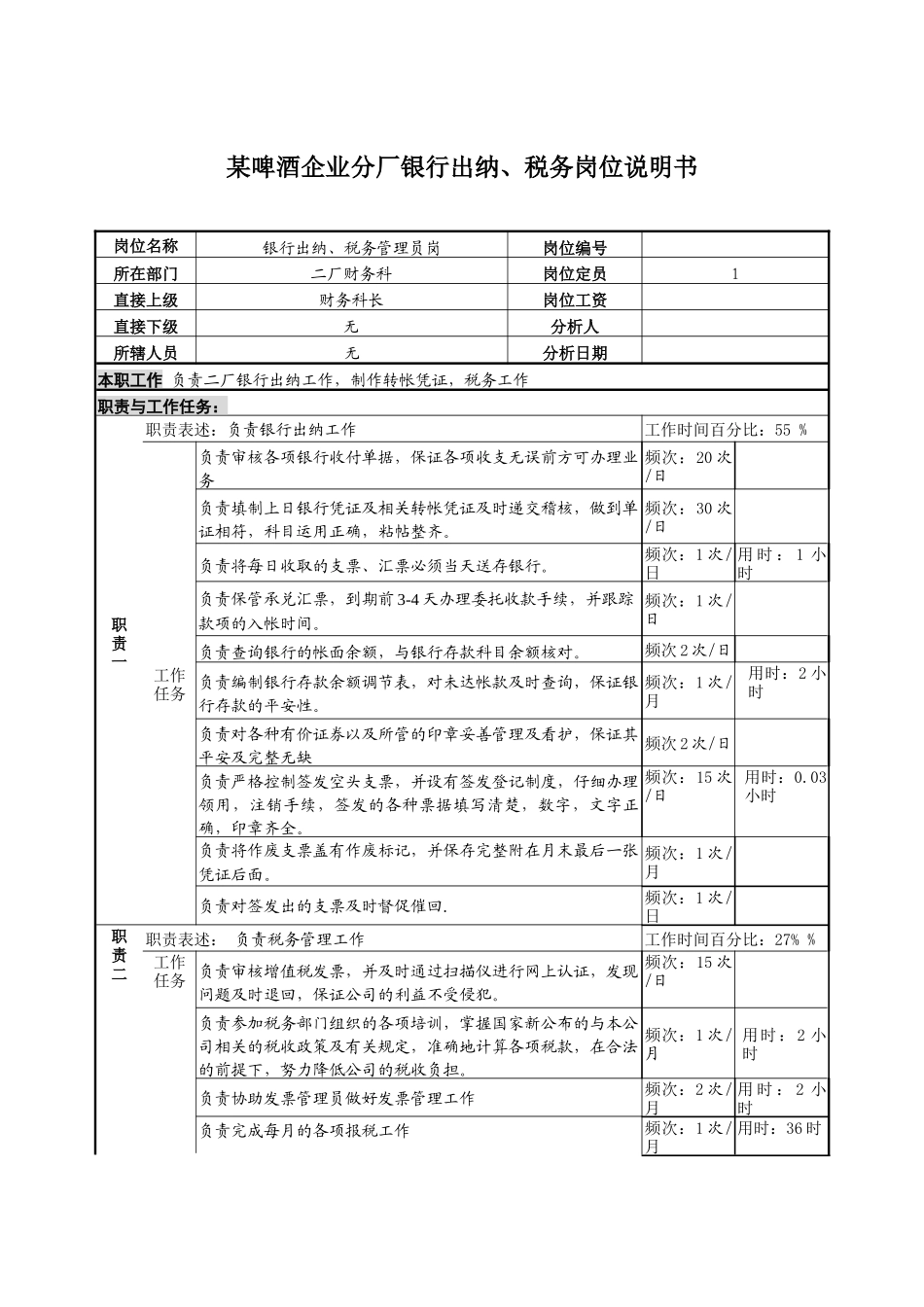 某啤酒企业分厂银行出纳、税务岗位说明书_第1页