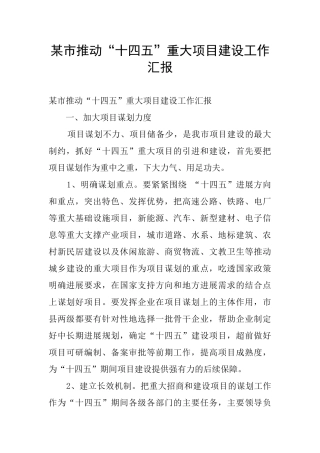 某市推动“十四五”重大项目建设工作汇报