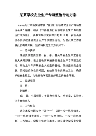 某某学校安全生产专项整治行动方案