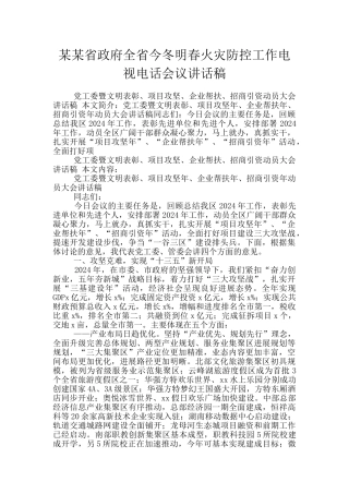 某某省政府全省今冬明春火灾防控工作电视电话会议讲话稿