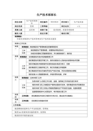 某汽车行业生产技术部部长岗位说明书