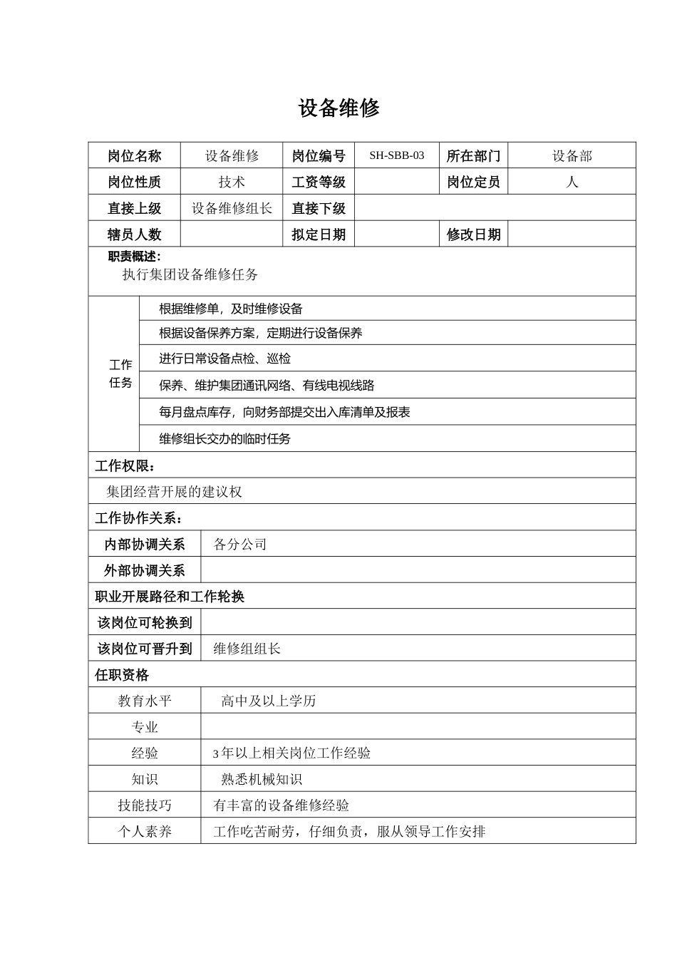 某汽车集团设备部设备维修岗位说明书_第1页