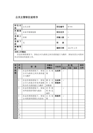 某航空物流公司公关主管职位说明书及关键绩效标准