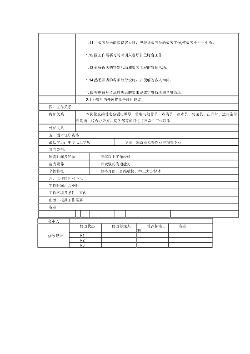 某连锁餐饮企业餐厅迎宾员职务说明书_第2页