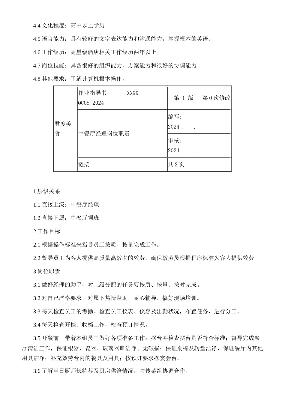 某酒店中餐厅职业经理岗位职责_第2页