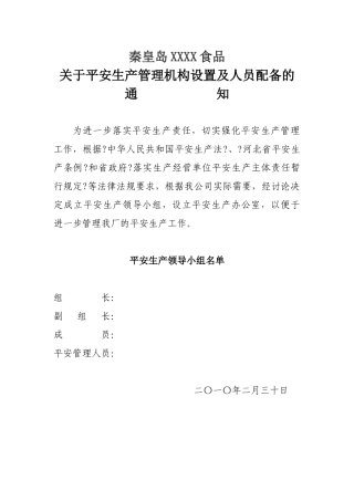 某食品公司安全生产管理机构设置及人员配备的通知