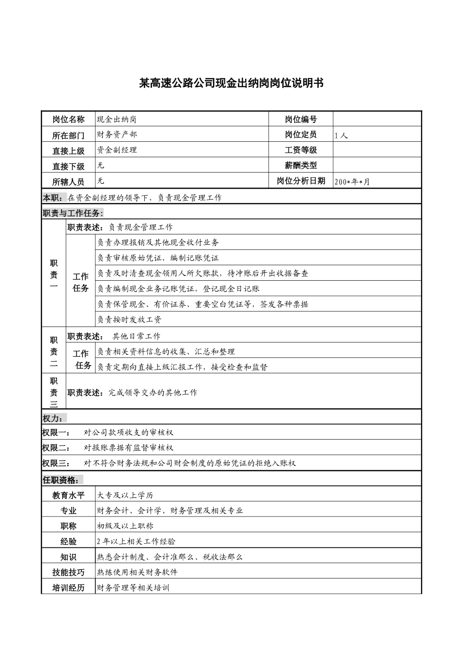 某高速公路公司现金出纳岗岗位说明书_第1页
