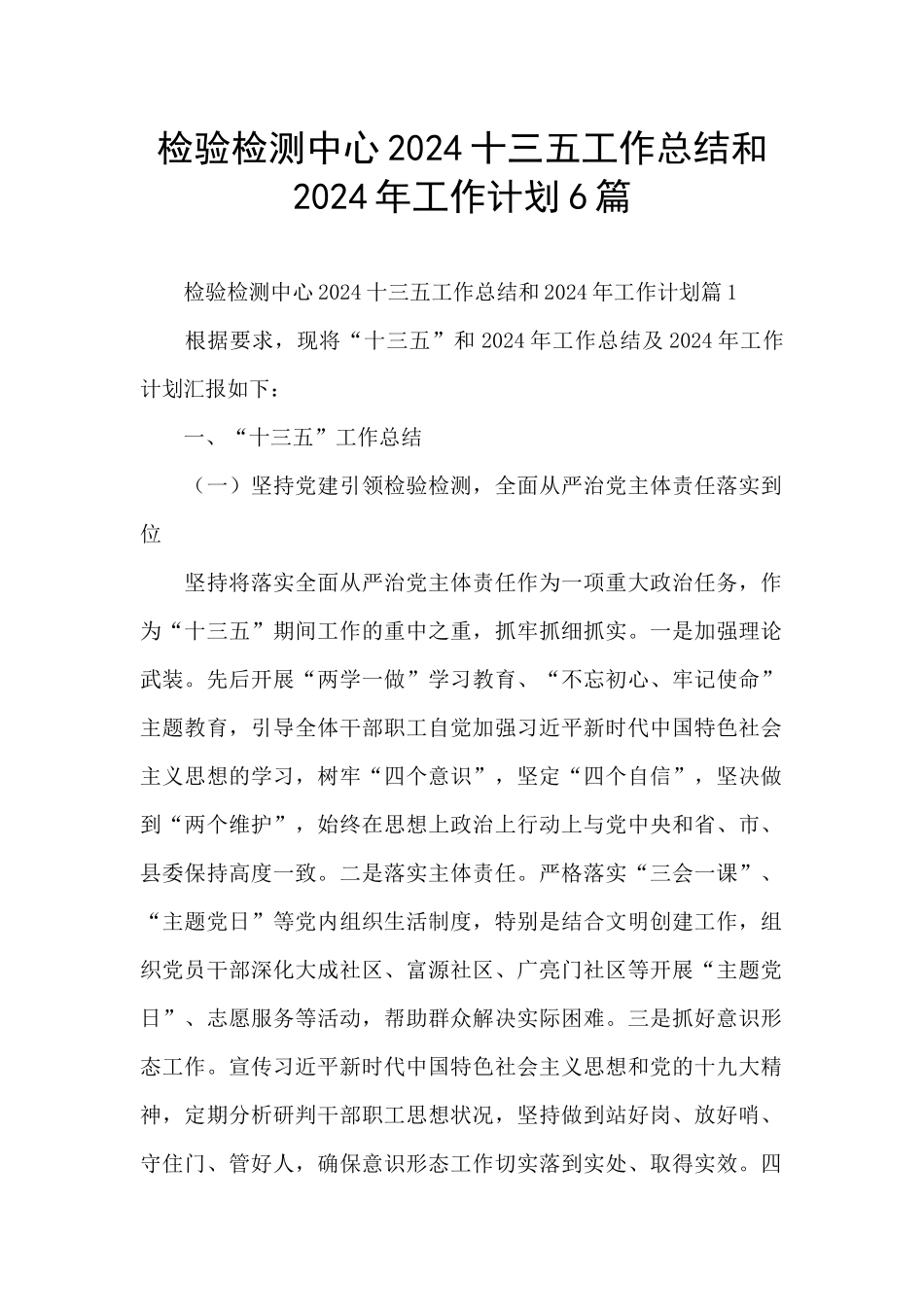 检验检测中心2024十三五工作总结和2024年工作计划6篇_第1页