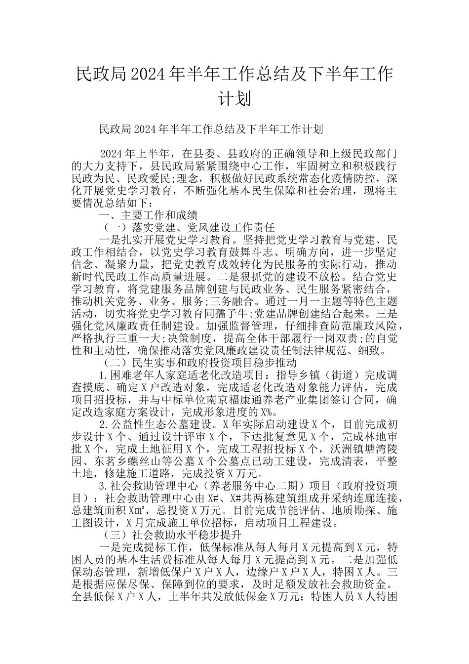 民政局2024年半年工作总结及下半年工作计划_第1页