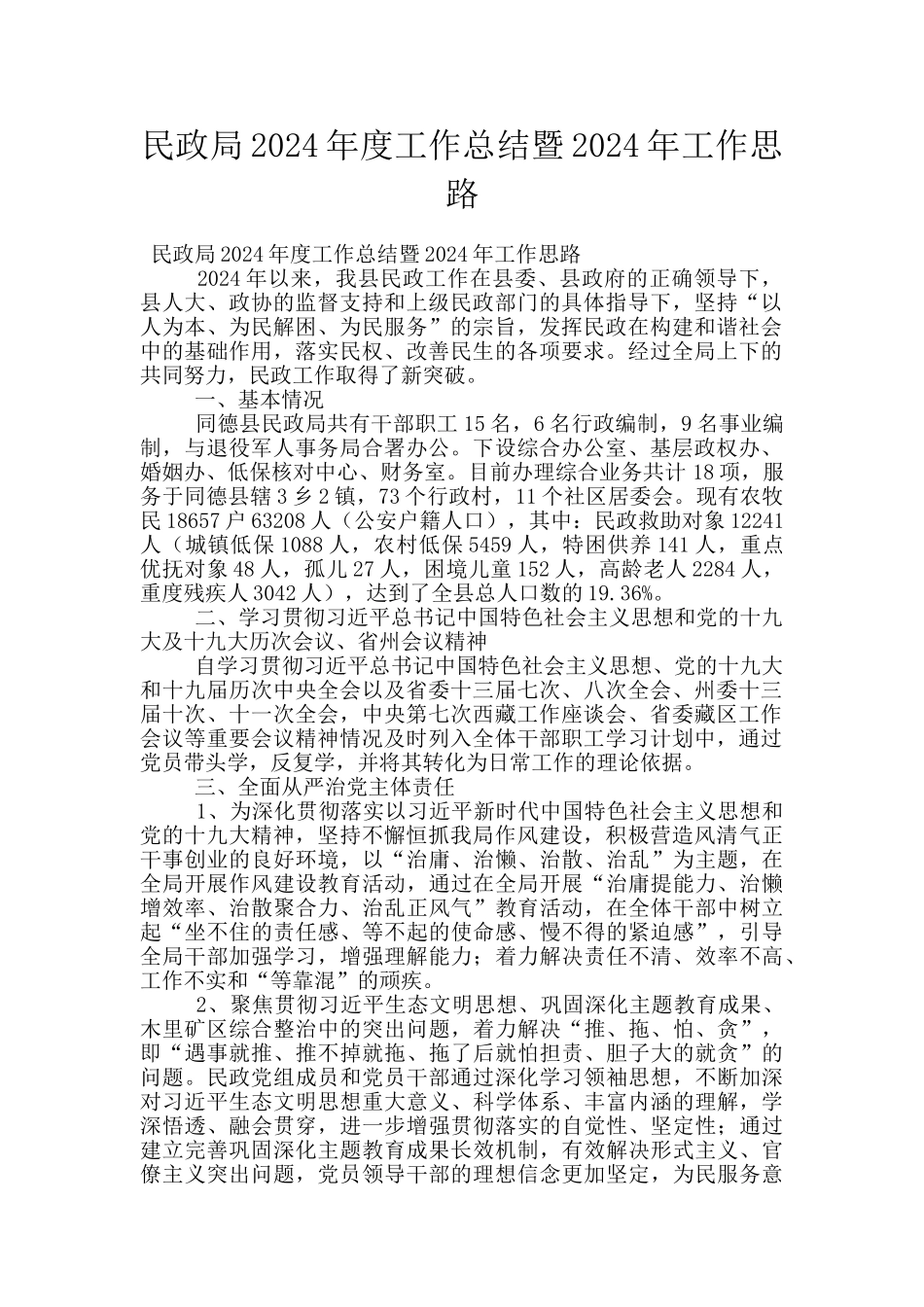 民政局2024年度工作总结暨2024年工作思路_第1页