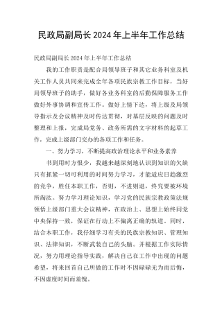 民政局副局长2024年上半年工作总结