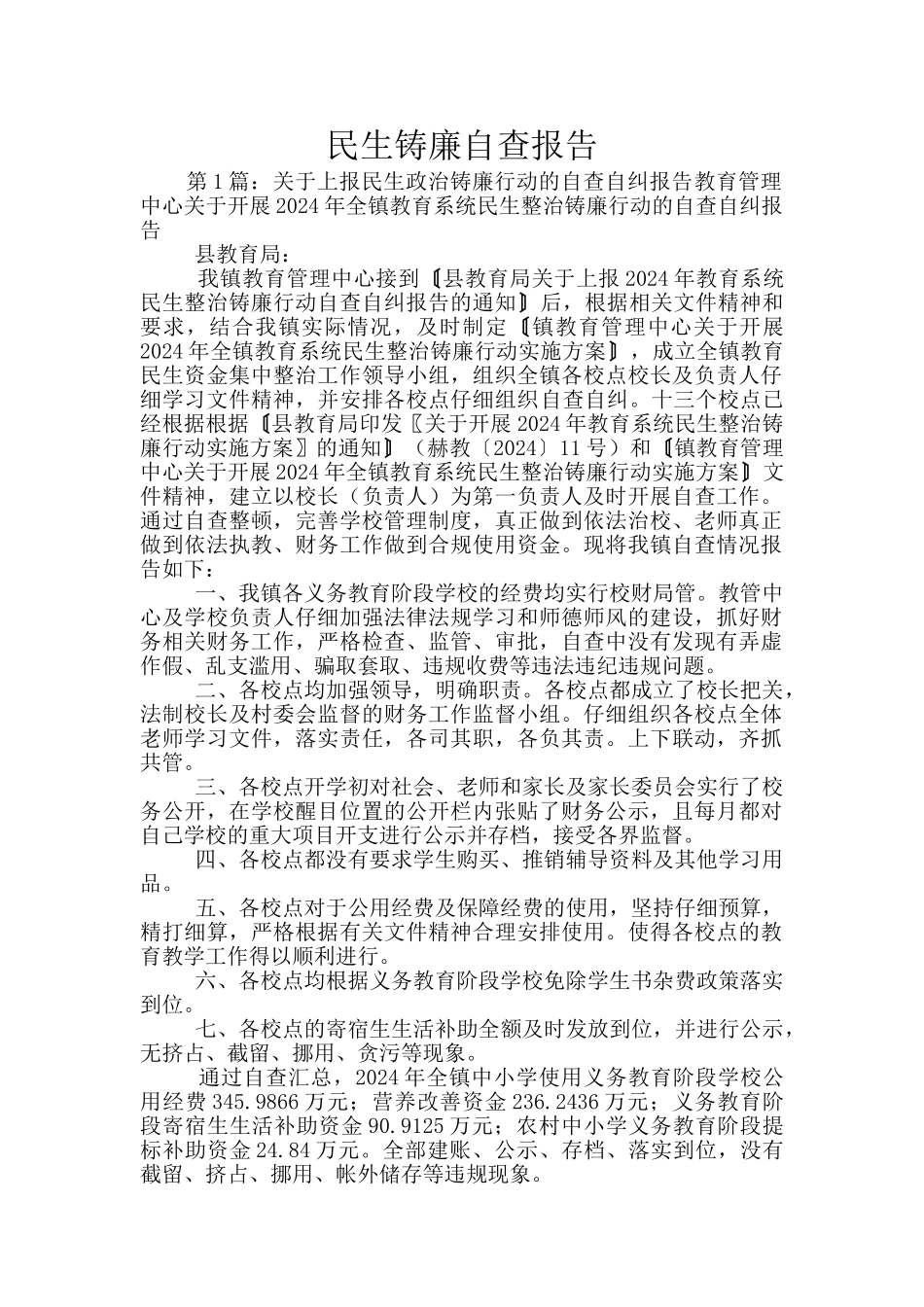 民生铸廉自查报告_第1页