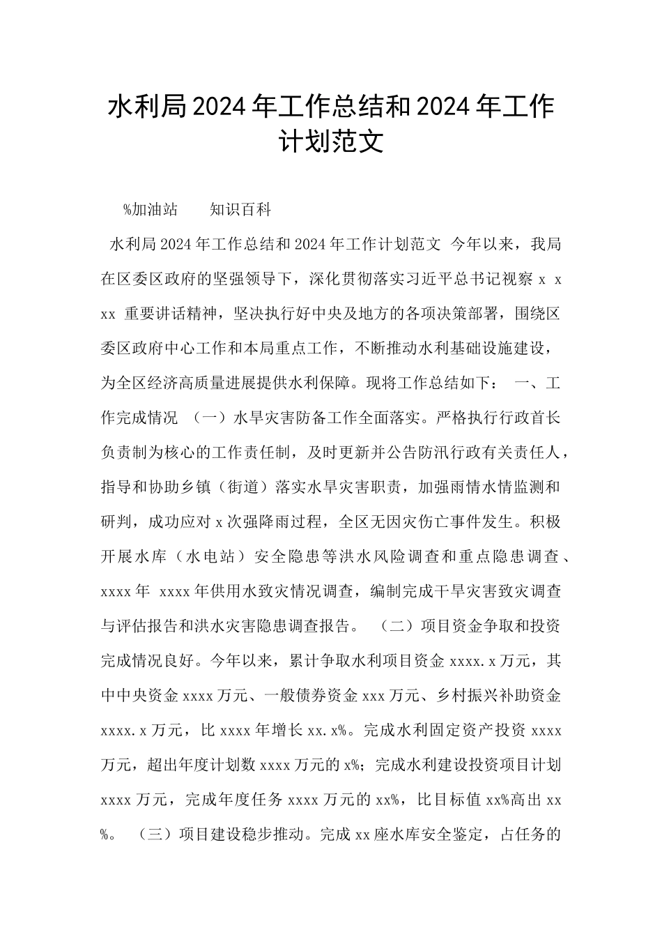 水利局2024年工作总结和2024年工作计划范文_第1页