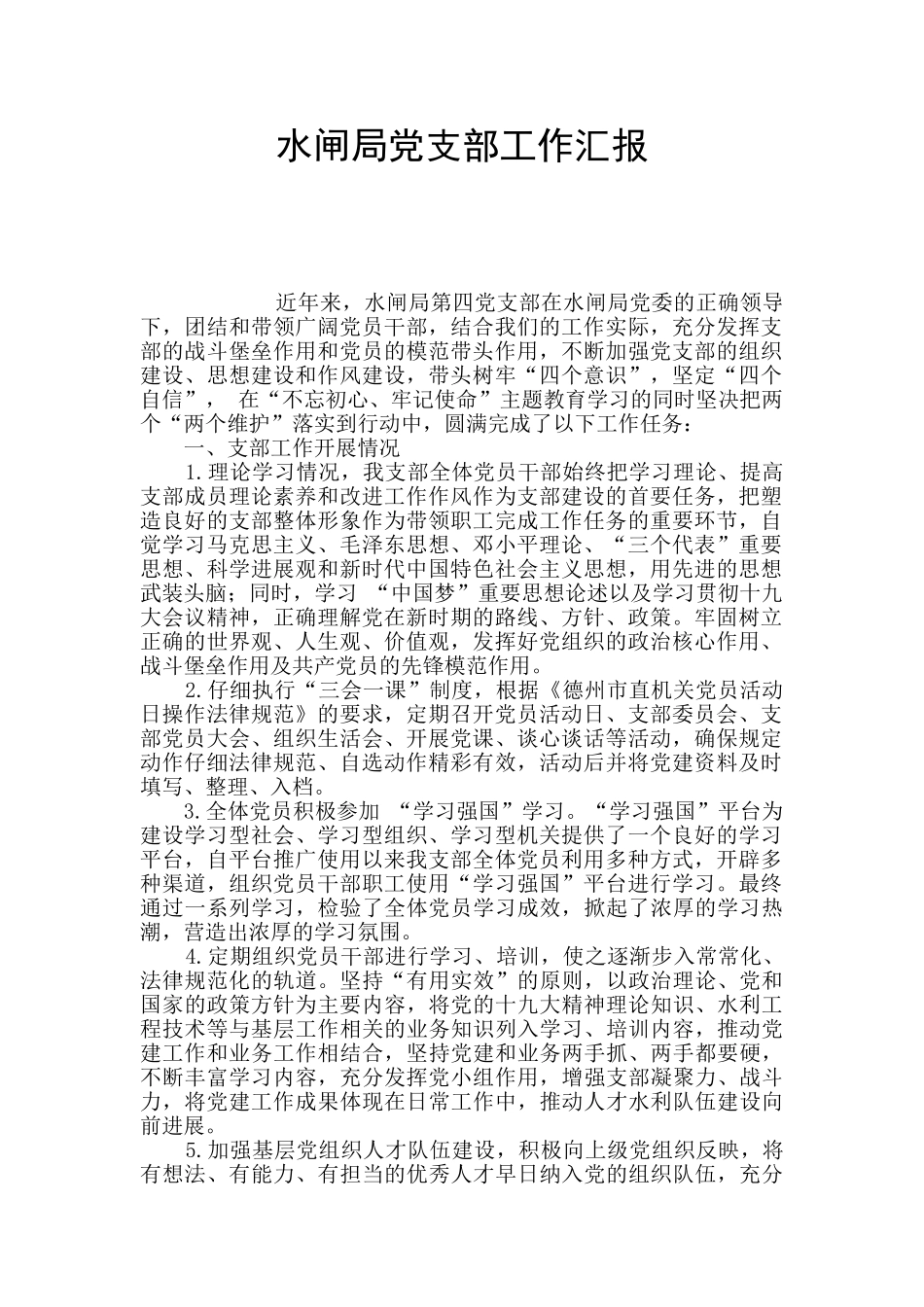 水闸局党支部工作汇报_第1页