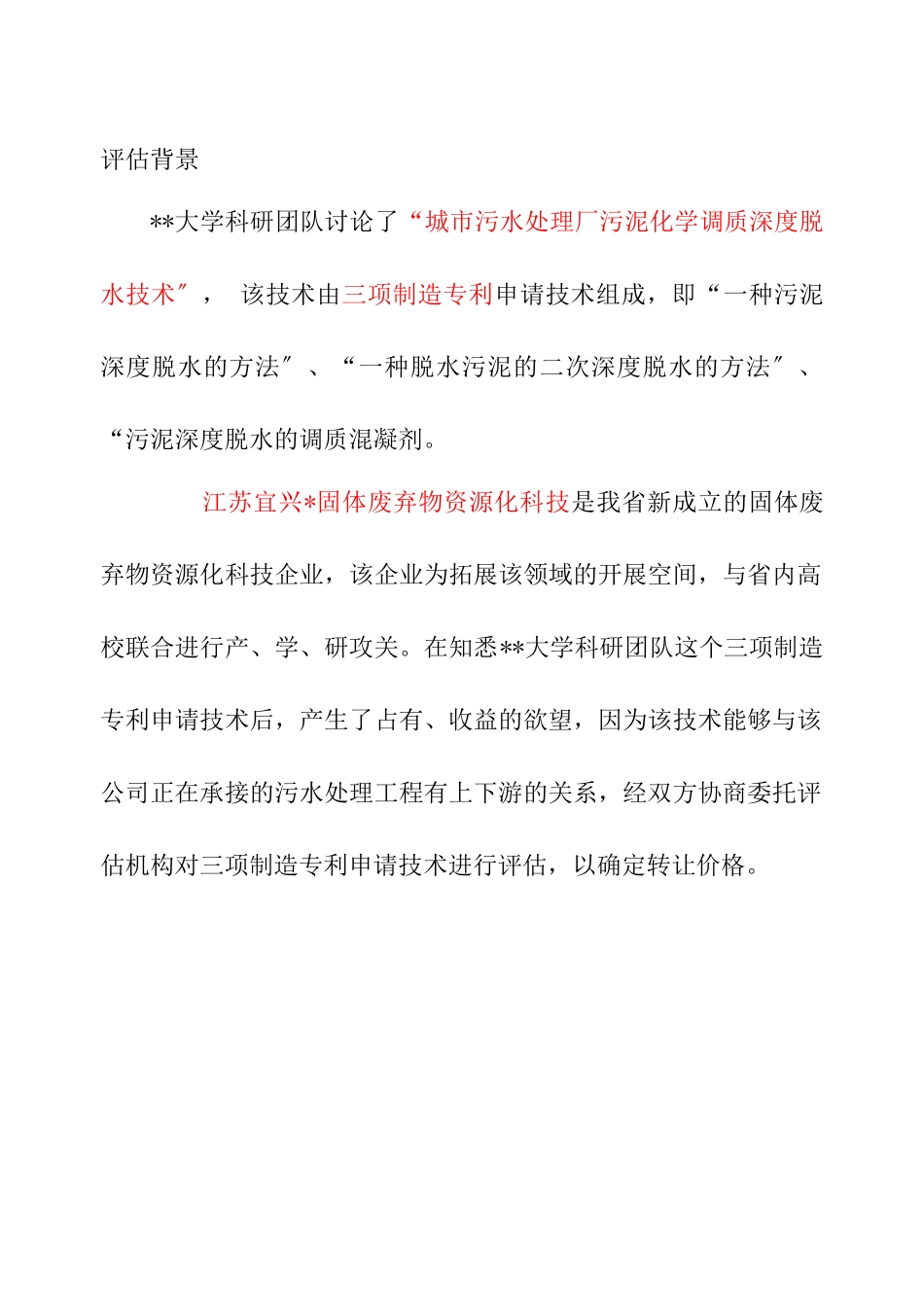 污泥焚烧技术无形资产评估报告_第1页