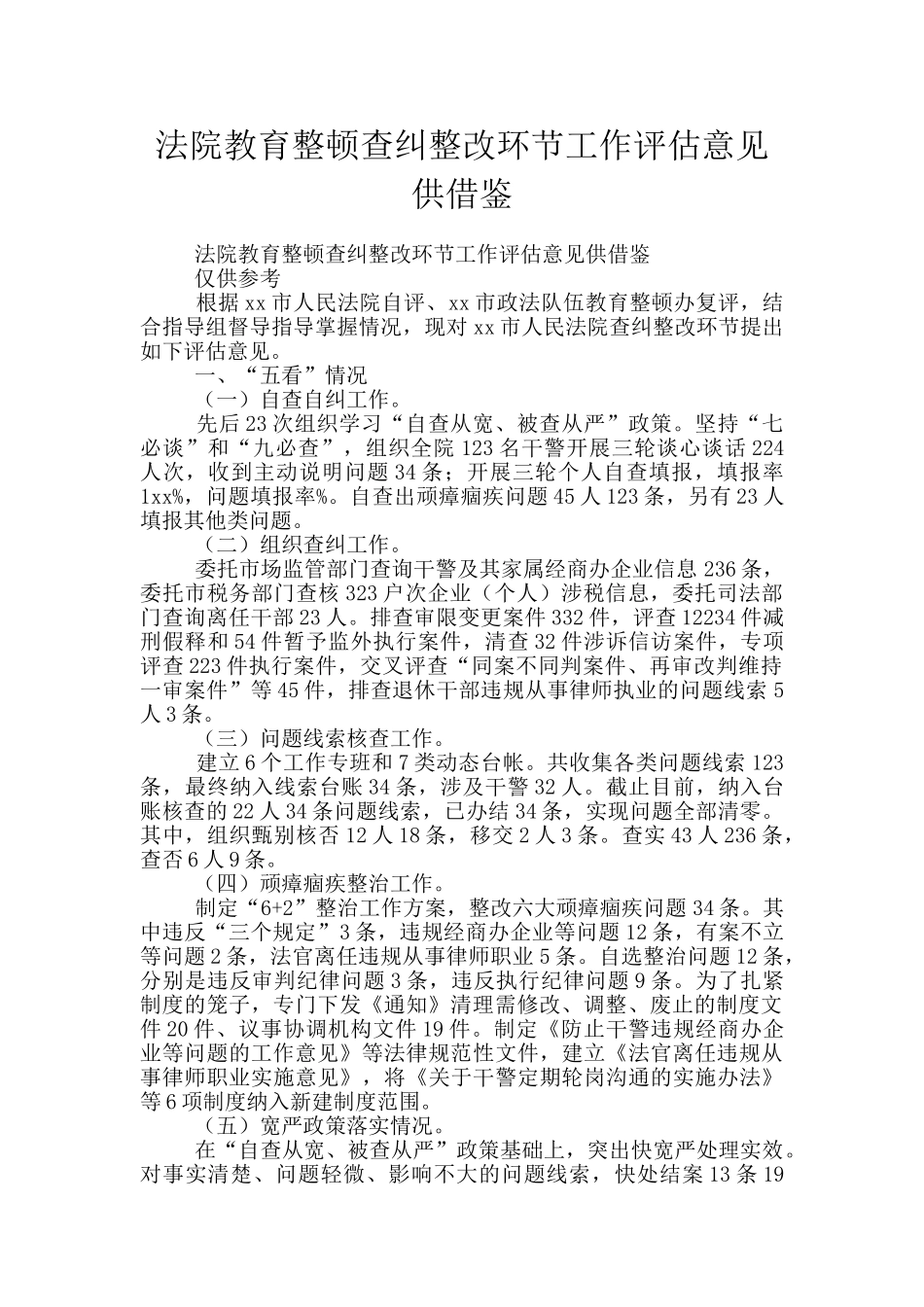 法院教育整顿查纠整改环节工作评估意见供借鉴_第1页