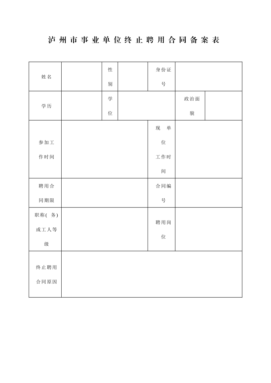 泸州市事业单位终止聘用合同备案表_第1页