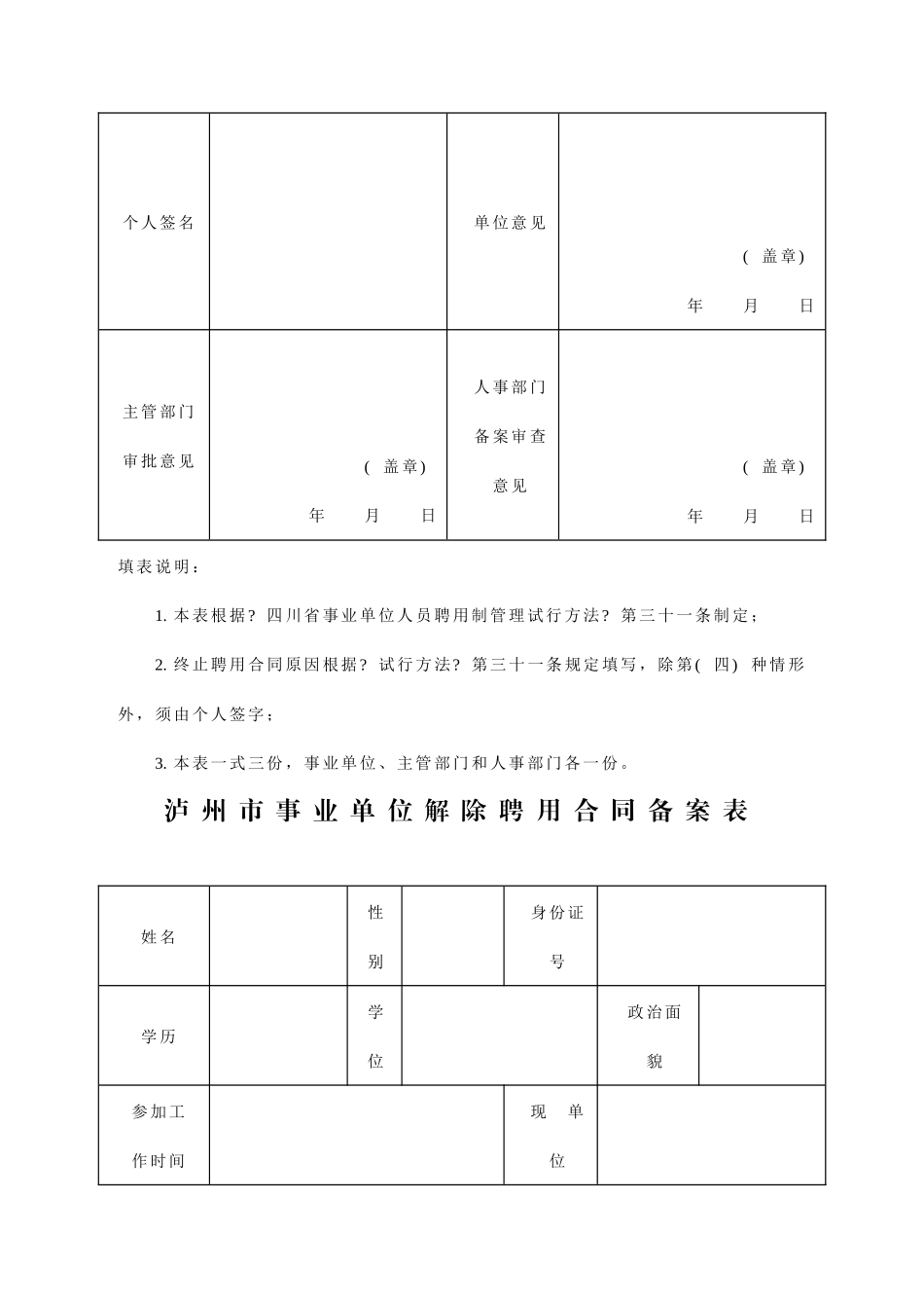 泸州市事业单位终止聘用合同备案表_第2页