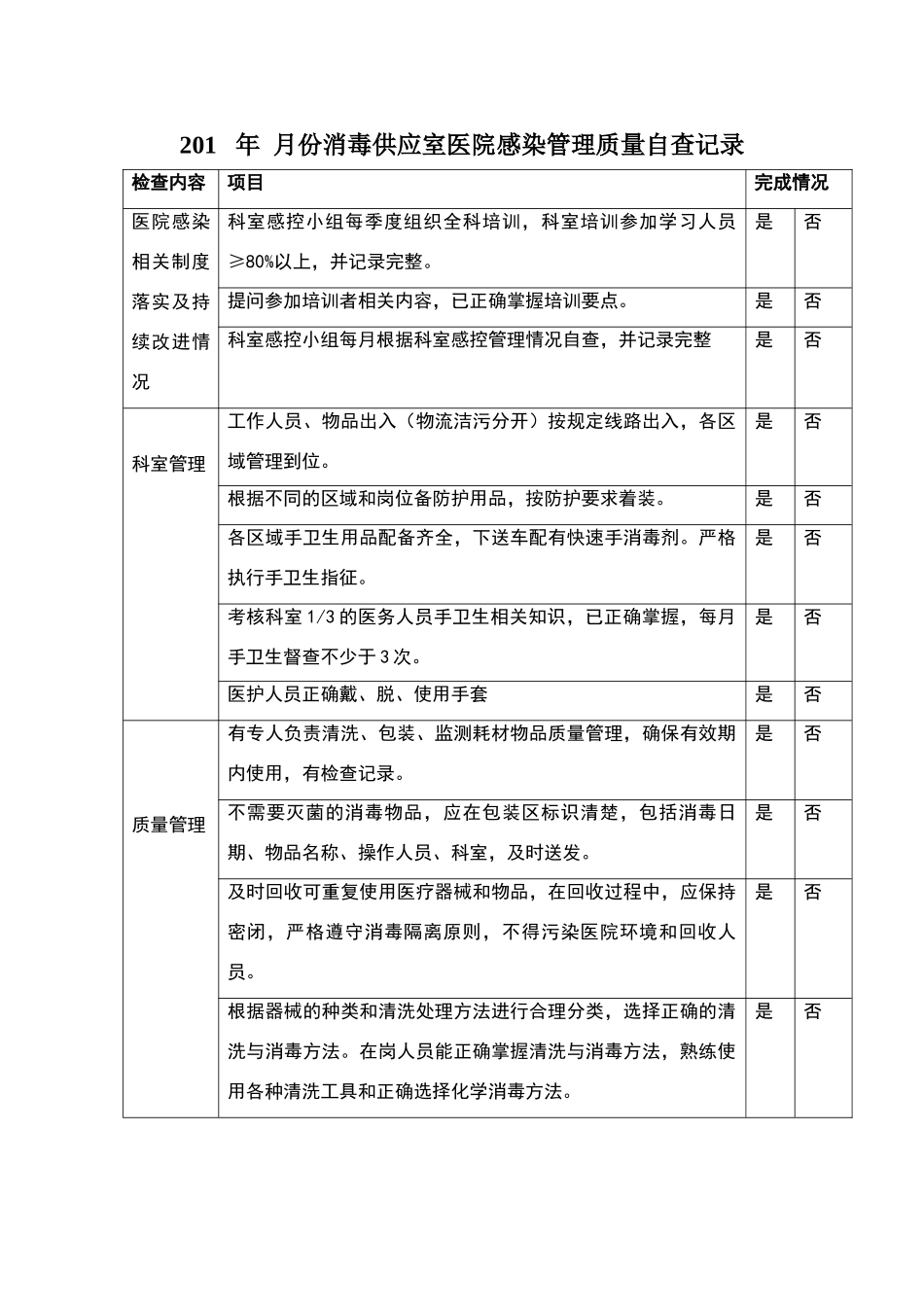 消毒供应室感染管理质量自查表_第1页